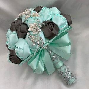 Jewelled Bridal Bouquet, Mint Green Brooch Bouquet, Satin Rose Wedding Posy, Embellished Wedding Posy, Artificial Wedding Flowers FL33