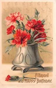 Lovely Carnations in Vase on 1909 Birthday Postcard - Series No. 1008
