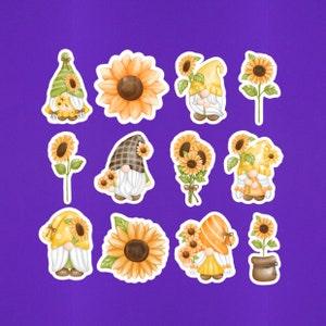 Set Of 12 Sunflower Gnomes Stickers Minis 2" On Their Longest Side Die Cut Spring Flower Yellow Sunflower Garden Gnome Pack