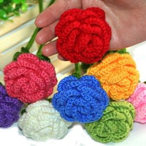 Handmade Crochet Rose Bouquet ,Red ,White ,Pink ,Green ,Blue,Purple ,Yellow Rose 8 PCS +Free Vase ,Mother Gift