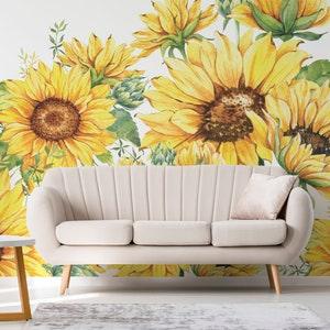 Sunflower removable vinyl mural / Peel and stick flower wallpaper / Sunflower photo mural