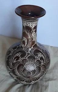 12-in tall ceramic sgraffito vase with peony motif chocolate brown and white