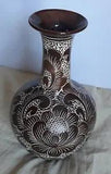 12-in tall ceramic sgraffito vase with peony motif chocolate brown and white