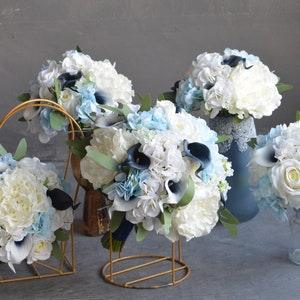 Fake Navy White Bridal Bouquets, Peony Hydrangeas Rustic Silk Bridal Bouquets, Ivory White Roses, Navy Bouquets, Boutonnieres