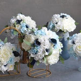 Fake Navy White Bridal Bouquets, Peony Hydrangeas Rustic Silk Bridal Bouquets, Ivory White Roses, Navy Bouquets, Boutonnieres