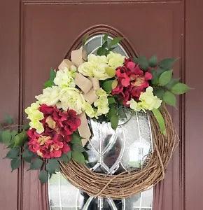 Everyday Burgundy hydrangeas and pale lime green peonies for front  door