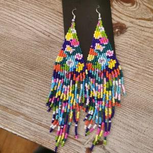 Indigenous Designed Flower Power Beaded Fringe Earrings, Gift For Her, Native Jewelry