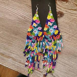 Indigenous Designed Flower Power Beaded Fringe Earrings, Gift For Her, Native Jewelry