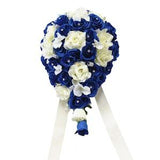 Cascade Bouquet - Royal Blue and White or Ivory Artificial Roses with Hydrangea and Bling