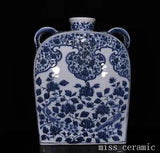 14.9" China Porcelain yuan dynasty Blue white phoenix peony flower Four ear Vase