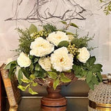 White Peonies & Roses in vintage vase, LARGE One Of a Kind Faux silk flowers centerpiece, green berries vines, artificial floral arrangement