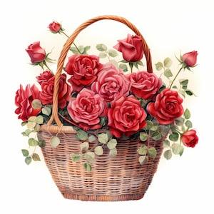 Red Roses in a Basket Watercolor Clipart, Watercolor Floral Clipart, Red Roses Bouquet Bundle, Red Flowers, Red Rose Bouquet, Commercial Use