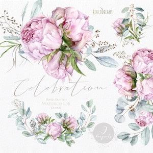 Floral clipart, Eucalyptus, Peonies, Peony buds, Greenery, Light Pink, Watercolor Bouquets, Bohemian Boho, Hand Painted, Wedding invitations