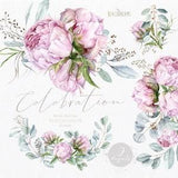 Floral clipart, Eucalyptus, Peonies, Peony buds, Greenery, Light Pink, Watercolor Bouquets, Bohemian Boho, Hand Painted, Wedding invitations