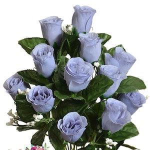 14 Dusty Blue Rose Buds, Silver Blue, Long Stems, Bush Bouquet, Artificial Roses, Silk Wedding Flowers, Fake Faux Stems, Wreath Supplies