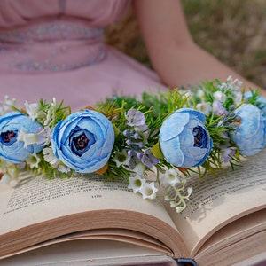 Blue Peonies and Lily of the Valley Hair Wreath,Wedding Hair Wreath,Bridesmaids Hair Accessory,Colorful Outdoor Photoshoot Crown,Hair crown