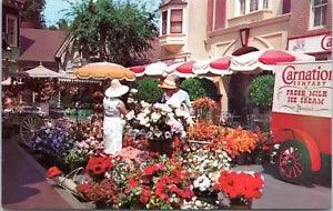 Flower Mart, Main Street, Disneyland California- Chrome Postcard- Carnation Milk