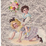 Superb embossed vintage postcard - 1910s french graphism lovers love girl purple edwardian dress bouquet of roses riding acrobatics ephemera