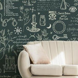 Dark green alchemy motive wallpaper with ravens, bats, plants and mystic symbols* | self-adhesive, removable, peel and stick wall mural