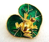 Vintage~SPRING~Attached~GOLD FROG~Enamel~EMERALD~Green~LILY PAD~Brooch~HAT~EC