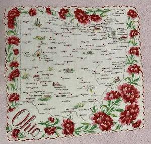 vintage Franshaw Hankie State of OHIO Map Carnation flowers 12 1/2???x 13???