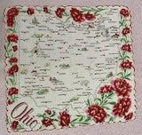 vintage Franshaw Hankie State of OHIO Map Carnation flowers 12 1/2???x 13???