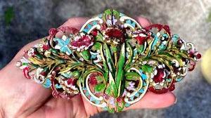 Antique Vintage HUGE Art Nouveau Enamel Brass Belt Buckle Carnation Flowers EXC!