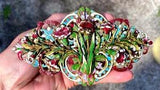 Antique Vintage HUGE Art Nouveau Enamel Brass Belt Buckle Carnation Flowers EXC!