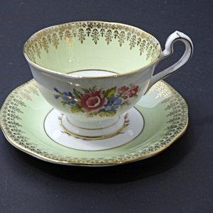 Delightful QUEEN ANNE 1950s Lovely Mint Green / Pink Rose Bouquet / Gold Trim / Tea Cup and Saucer ENGLAND Mid Century. For Tea Lovers!