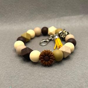 Wristlet Keychain Bracelet Keychain Silicone Beaded Sunflower Leopard Print Neutral Tones Gift Idea Stocking Stuffers Stretch Bracelet Gifts