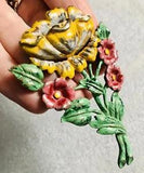 Vintage 1940??s Painted Pink & Yellow Pot Metal Flower Brooch Pin - Lily? Tulip?