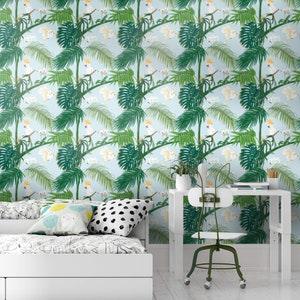 Jungle wallpaper / tropical birds and flowers / palm leaves / exotic illustration