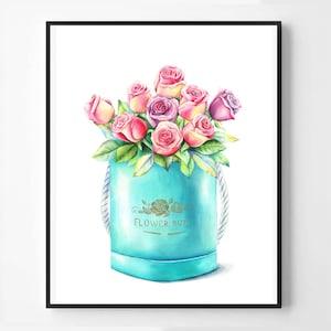 Roses Flower Box Print, Roses Painting, Floral Wall Art, Rose Watercolor Vintage Print, Rose Flowers Home Decor, Giclee Print