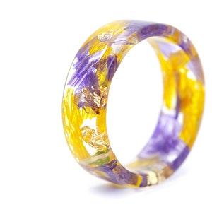 Nature Resin Ring with Natural Pressed Bells, Pink Lilly and Sunflower. NEW Collection Women Resin Ring. Orange ring,nature lovers gift