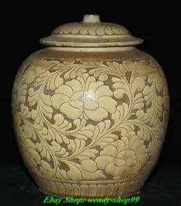 12" Old Chinese Song Dynasty CiZhou Kiln Porcelain Peony Flower Jar Pot Crock