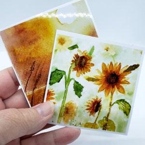 Fine Art fridge magnets, choice of 2 designs, 3x3, Evening sunset or Sunflower, prints of original watercolour art, westcoast bc art