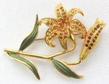 Brooch Pin - Lily Flower Bud Stem Leaves - Orange Brown Rhinestones Gold Tone