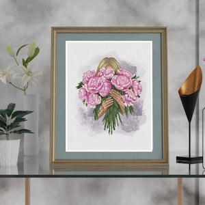 DIY Cross stitch kit (thread) "Peonies", set of tapestries/long stitches/embroidery/counted cross stitch kit/girl with flowers, pink flowers