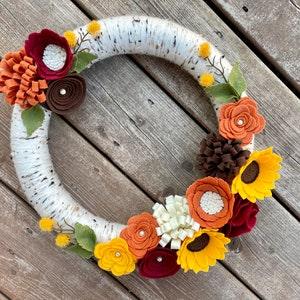 Fall Front Door Wreath, Fall Felt Flower Wrearh, Sunflower Felt Flowers