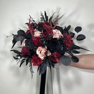 Wedding Bouquet Black Burgundy Gothic Bridal Dusty Rose Halloween Bouquet Black Decor Burgundy Eucalyptus Artificial Flower Bridesmaid
