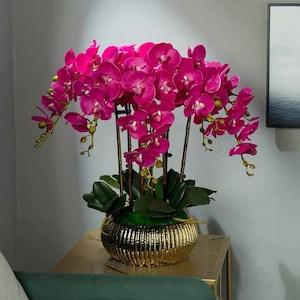 Vicky Yao Faux Floral  - Exclusive Design Fuschia Big 10 Stems Artificial Orchid Pot Flower Arrangement Gift For Teacher