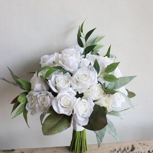 14" Faux White Green  Real Touch Roses Bridal Bouquet, Fall Spring Summer Wedding Bouquets, White Roses Artificial Flowers Bouquets