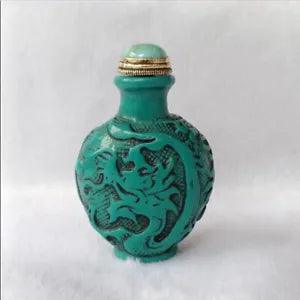 Old Chinese Handcarved Turquoise Relief Dragon Peony Flower Snuff Bottle