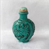 Old Chinese Handcarved Turquoise Relief Dragon Peony Flower Snuff Bottle