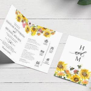 Sunflower Wedding Invitation, Folded Wedding Invitation, Sunflower And Bumble Bee Wedding Invitation, Pretty Summer Wedding Invite