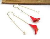 Gold Tone Red Orange Enamel Calla Lily Flower Long Threader Earrings Z18