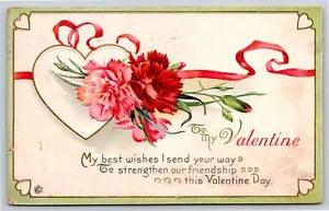 Stecher~To My Valentine~Red Carnation Flowers W/ Hearts & Ribbon~Emb~Postcard