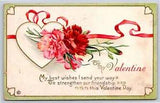 Stecher~To My Valentine~Red Carnation Flowers W/ Hearts & Ribbon~Emb~Postcard