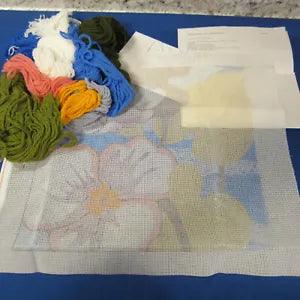 Vintage Needlepoint Kit "Water Lilies" 14" sq #12 Canvas 8 Colors Persian Wool