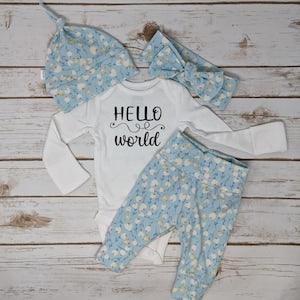 Blue Floral Coming Home Outfit Baby Girl, Baby Shower Gift Set, Floral Hospital Take Home, Going Home Newborn Clothing Hello World